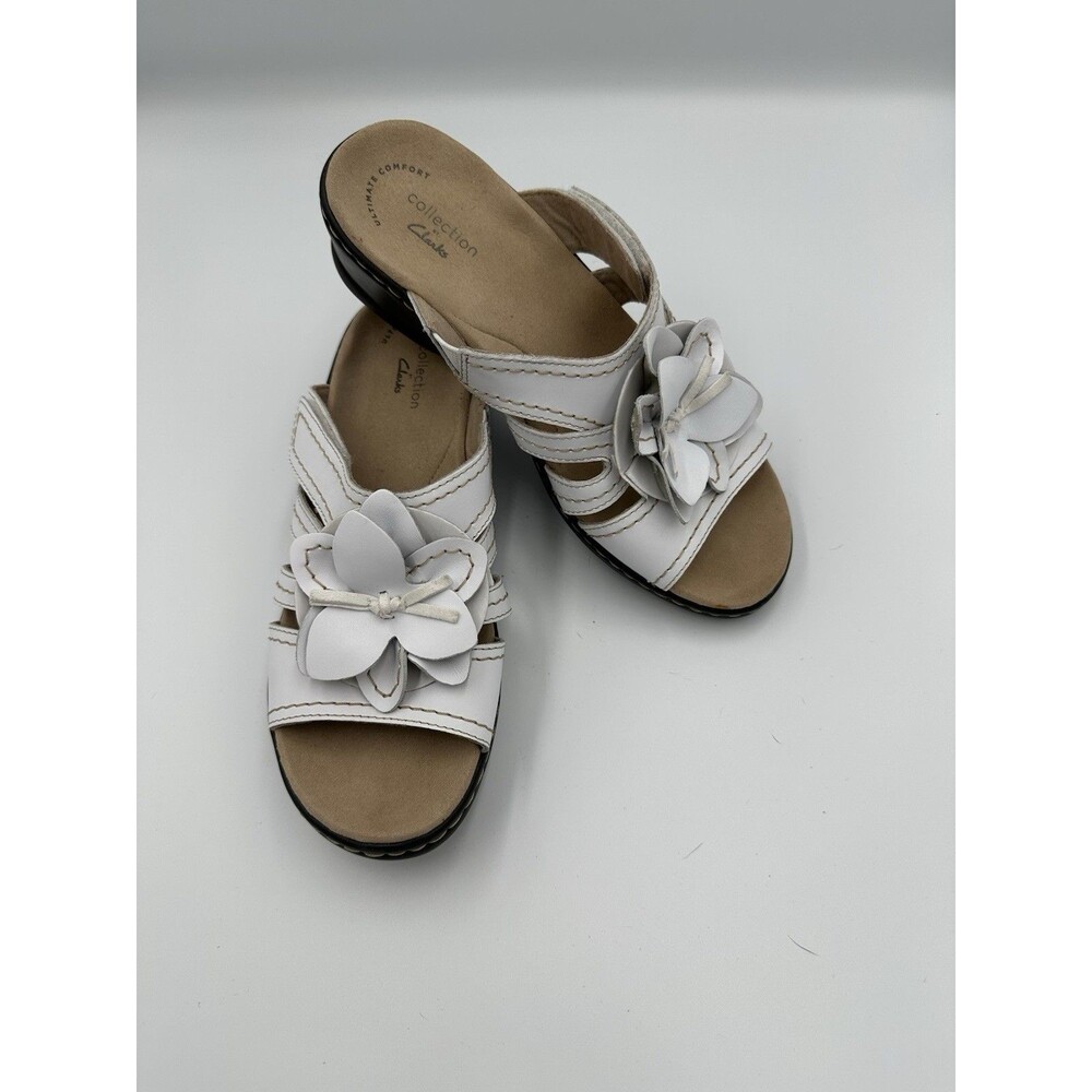 Clarks Collection Merliah Flower Women Slip On Leather Wedge Sandal White Sz 7.5